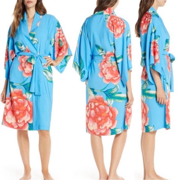 Natori Nova Blue Floral Robe Size Small - Picture 1 of 15